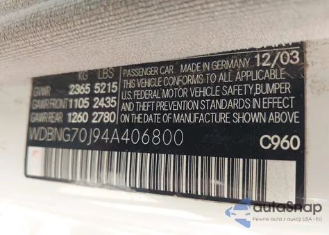 2004 Mercedes-Benz S 430 из США, поврежденный, VIN WDBNG70J94A406800